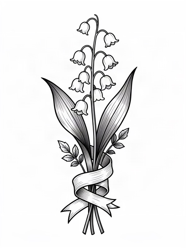 Fine line tattoo design: lily of the valley with a ribbon and small leaves, the birth flower for May
