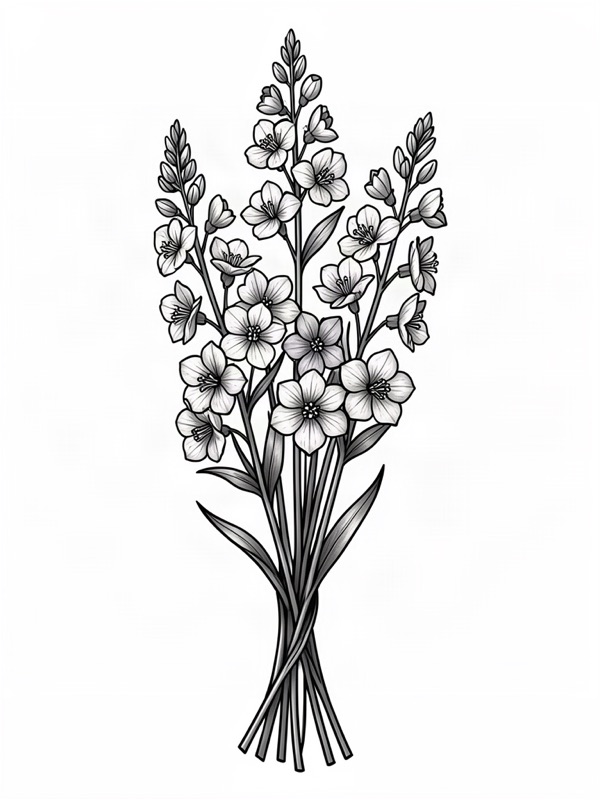Fine line tattoo design: a bouquet of larkspur stems, the birth flower for July