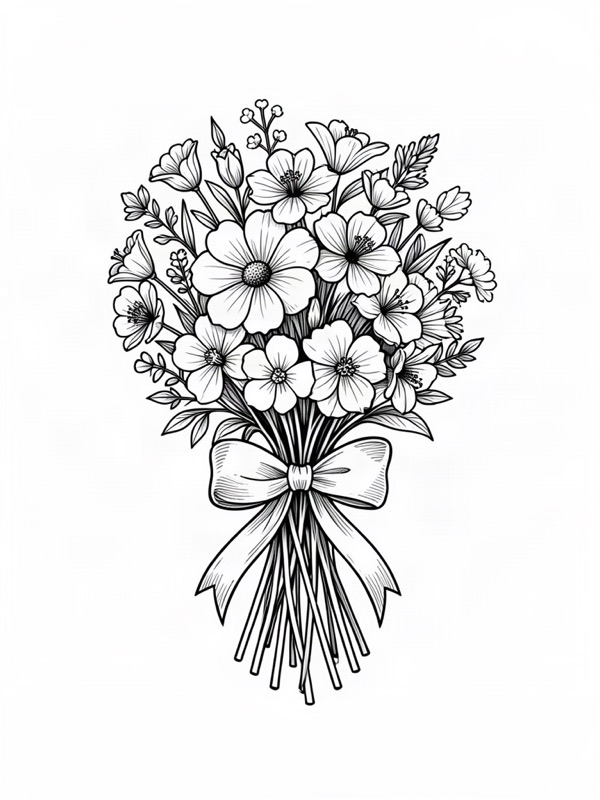 Fine line tattoo design: a bouquet of birth flowers for May and October tied with a ribbon