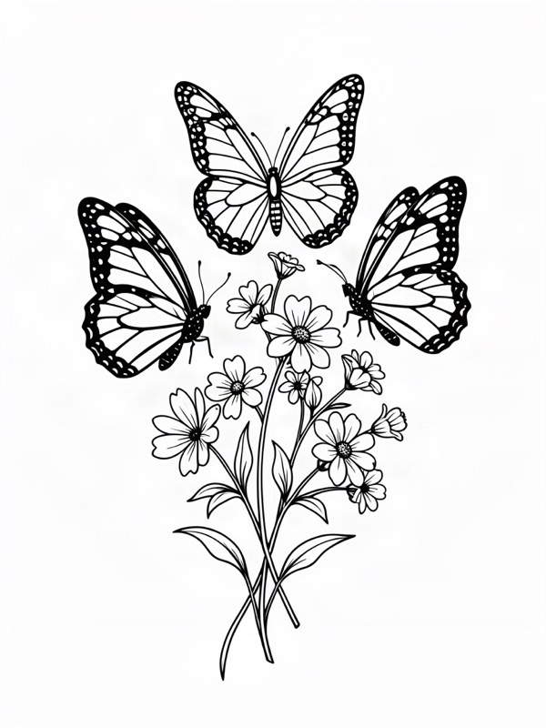 Fine line tattoo design: three butterflies around a small branch of wildflowers