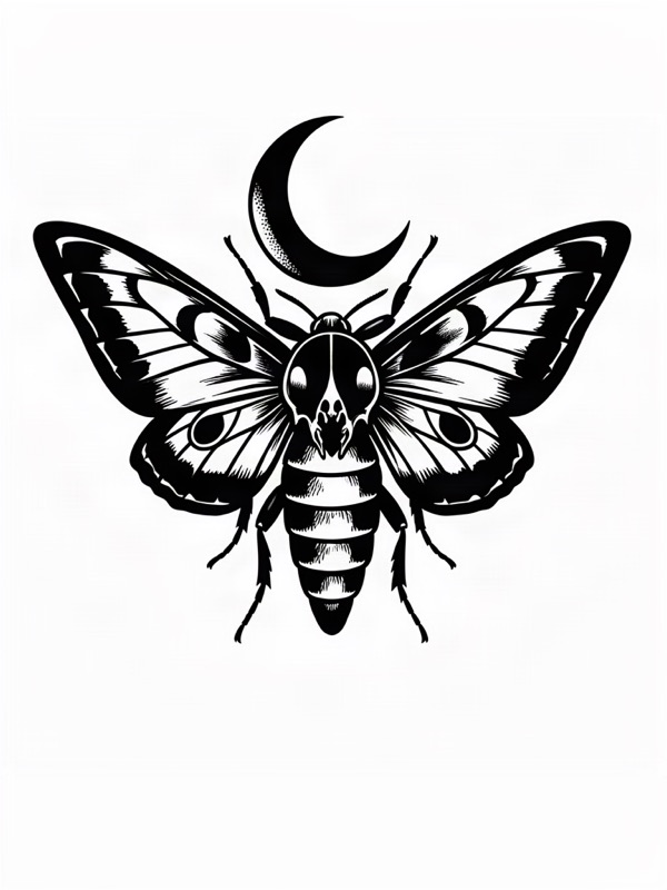 Blackwork tattoo design: a death's-head moth with a crescent moon