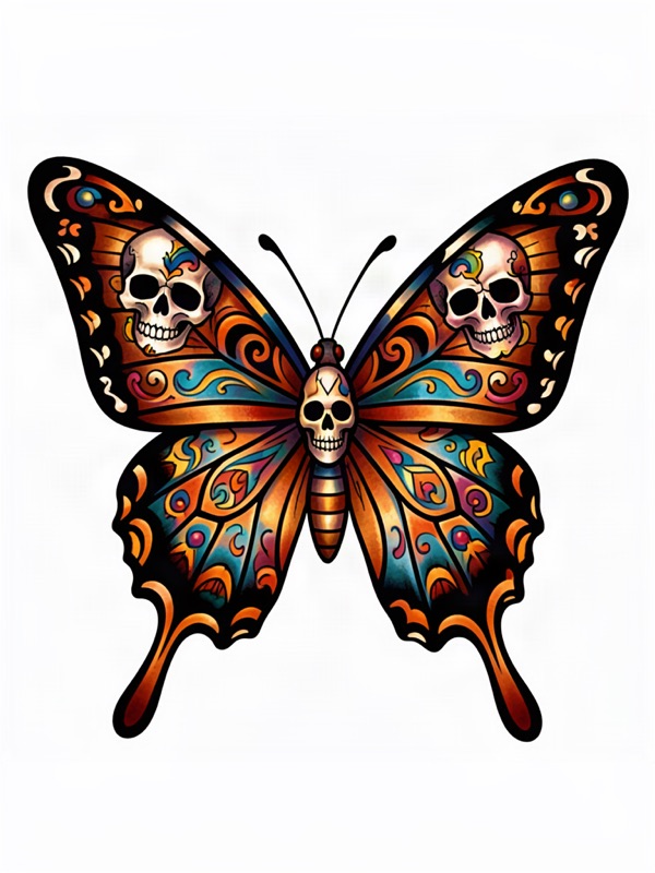 Neo-traditional tattoo design: a butterfly with a skull pattern on its wings