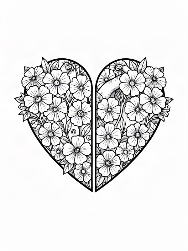 Fine line tattoo design: two halves of a heart filled with flowers that fit together