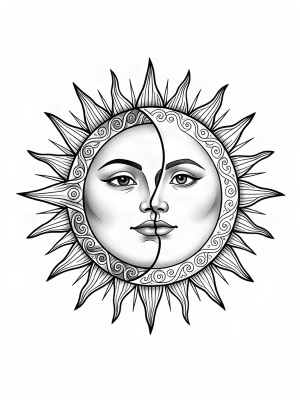 Fine line tattoo design: a sun and a moon with faces that complete each other, with ornamental rays