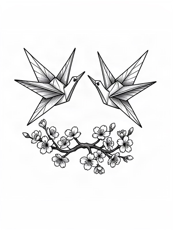 Fine line tattoo design: two paper cranes flying over a small branch of cherry blossoms