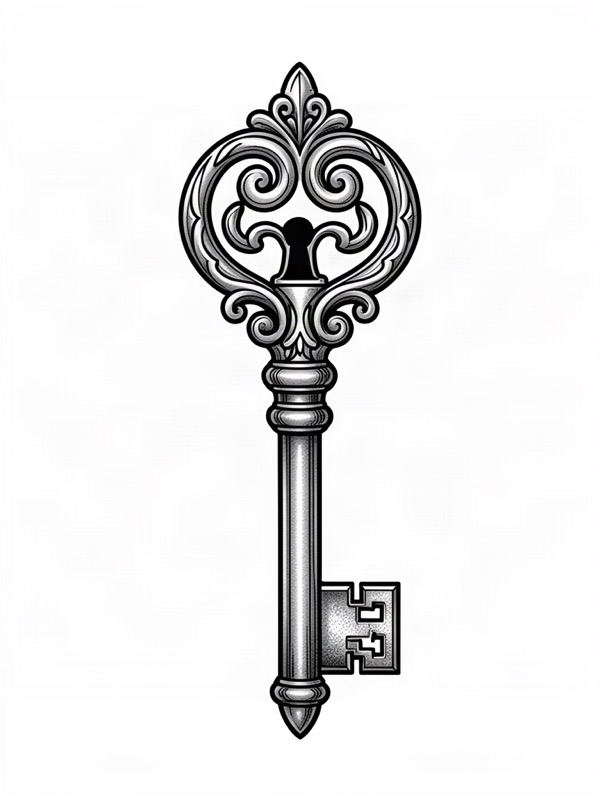 Fine line tattoo design: an antique lock and key with ornate filigree