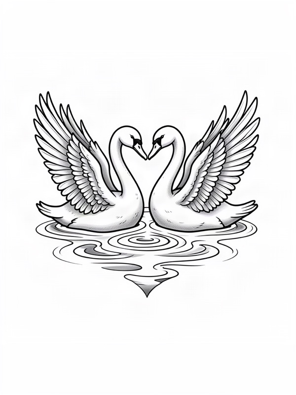 Fine line tattoo design: two swans forming a heart over rippling water
