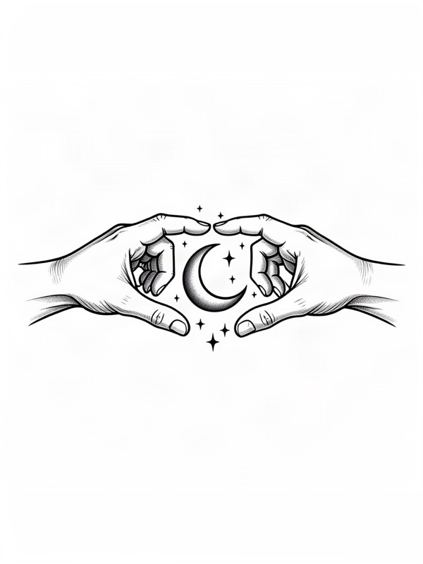 Fine line tattoo design: two hands reaching toward each other with a crescent moon and stars between them