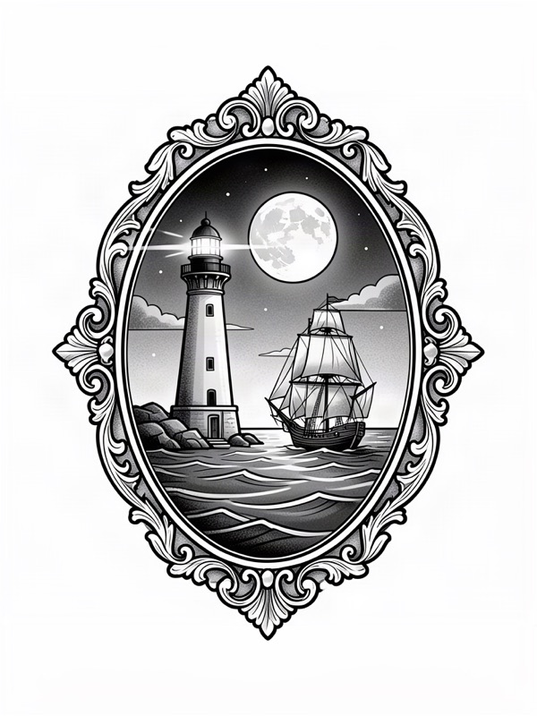 Fine line tattoo design: a lighthouse and a sailing ship on a moonlit sea inside an ornate oval frame