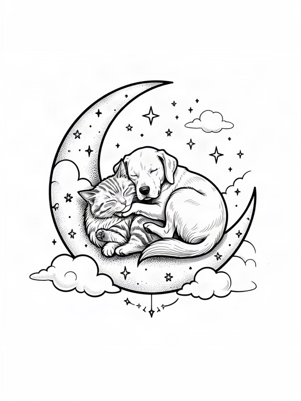 Fine line tattoo design: a cat and a dog sleeping together on a crescent moon among clouds and stars