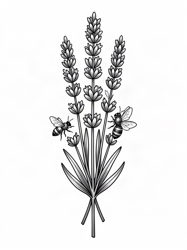 Fine line tattoo design: a sprig of lavender with a honeybee