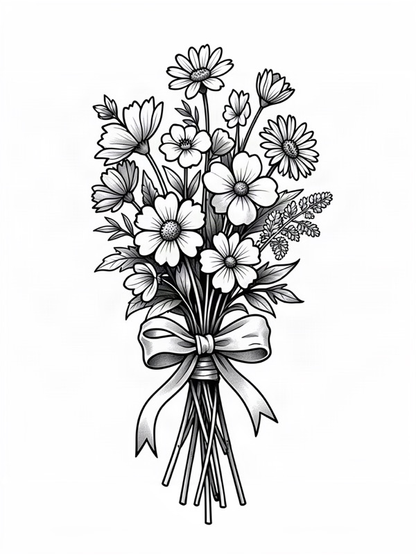 Fine line tattoo design: a wildflower bouquet tied with a ribbon