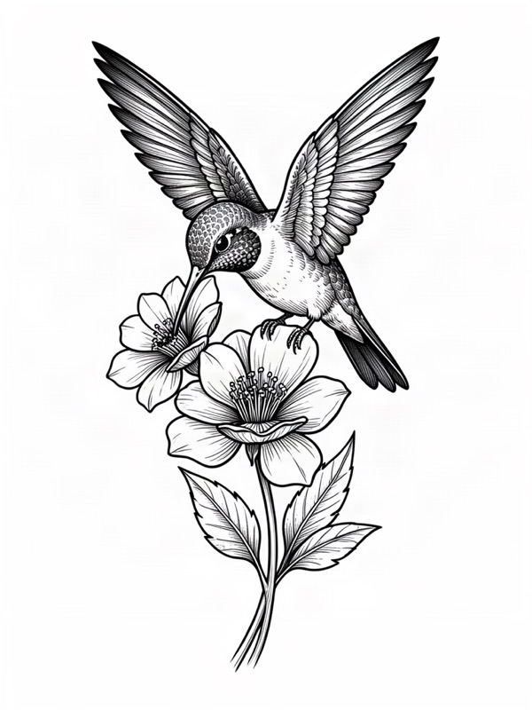 Fine line tattoo design: a hummingbird drinking from a flower