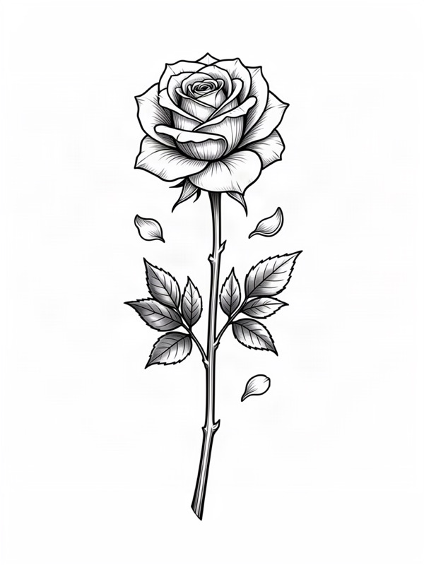 Fine line tattoo design: a long-stem rose with a few falling petals