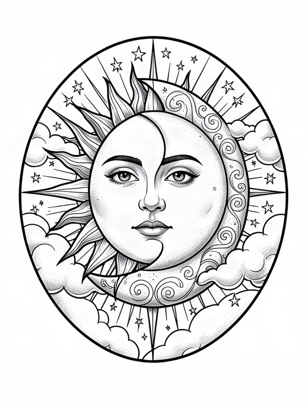 Fine line tattoo design: a sun and a moon sharing one face, framed by stars, clouds and ornamental rays