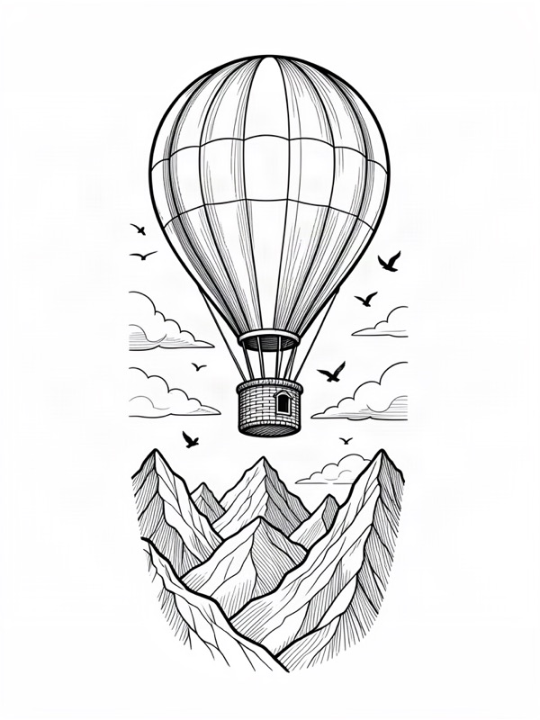 Fine line tattoo design: a hot air balloon drifting over mountains with birds and soft clouds
