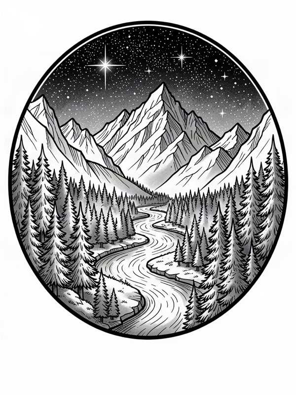 Fine line tattoo design: a mountain landscape with a pine forest, a winding river and a starry sky inside a circle