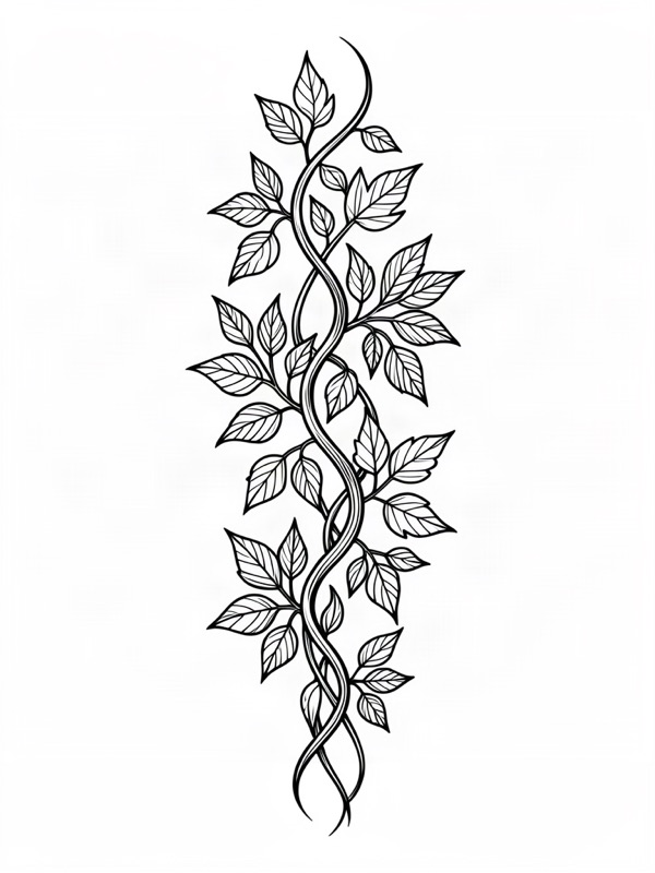 Fine line tattoo design: a climbing botanical vine with leaves