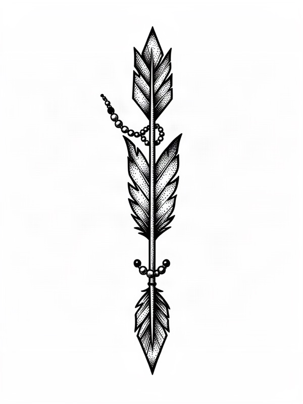 Dotwork tattoo design: an arrow with feathers and beads