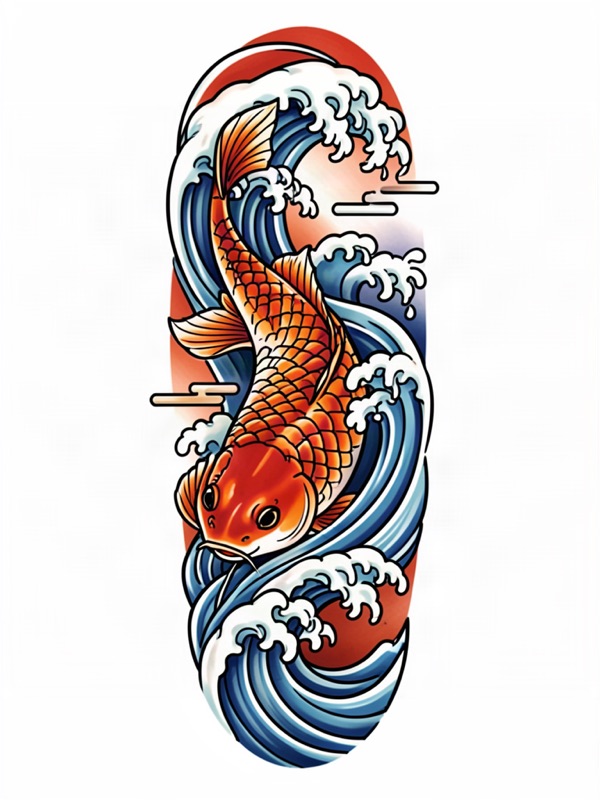 Japanese-inspired tattoo design: a koi fish swimming upstream through waves