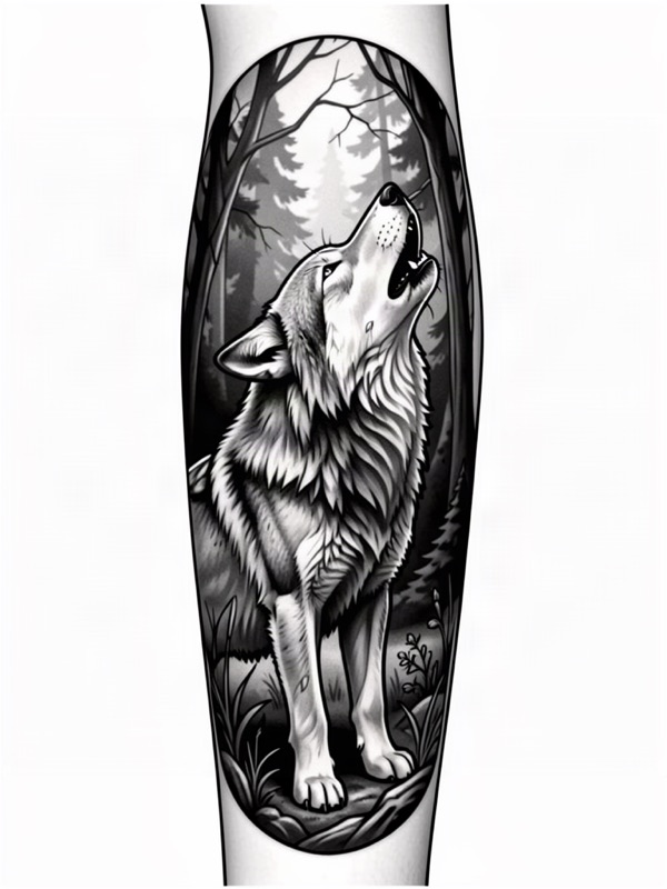 Realism tattoo design: a wolf howling in a forest