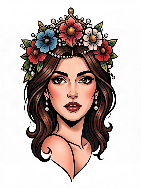 Neo-traditional tattoo design: a woman's portrait with a crown of flowers and pearls