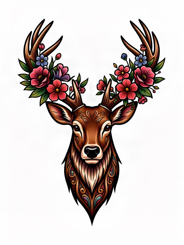 Neo-traditional tattoo design: a deer head with flowers growing from its antlers