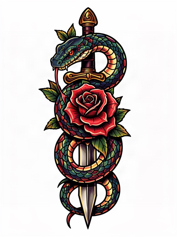 Neo-traditional tattoo design: a snake coiled around a dagger and a rose