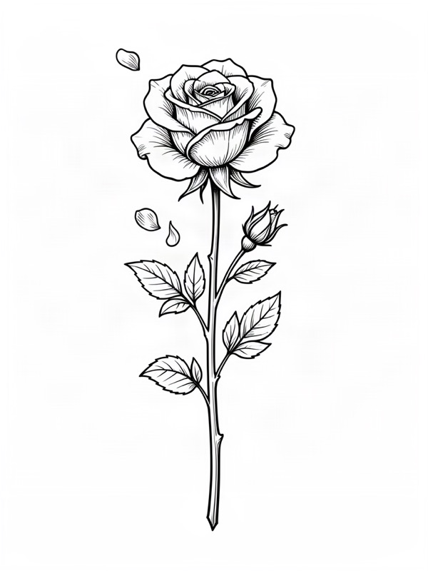 Fine line tattoo design: a long-stem rose with a few falling petals and small buds