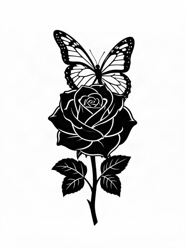Blackwork tattoo design: a rose with a butterfly resting on it