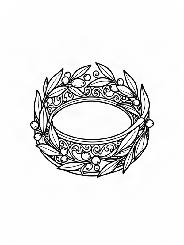 Fine line tattoo design: an ornate ring band of olive leaves and small berries with filigree details