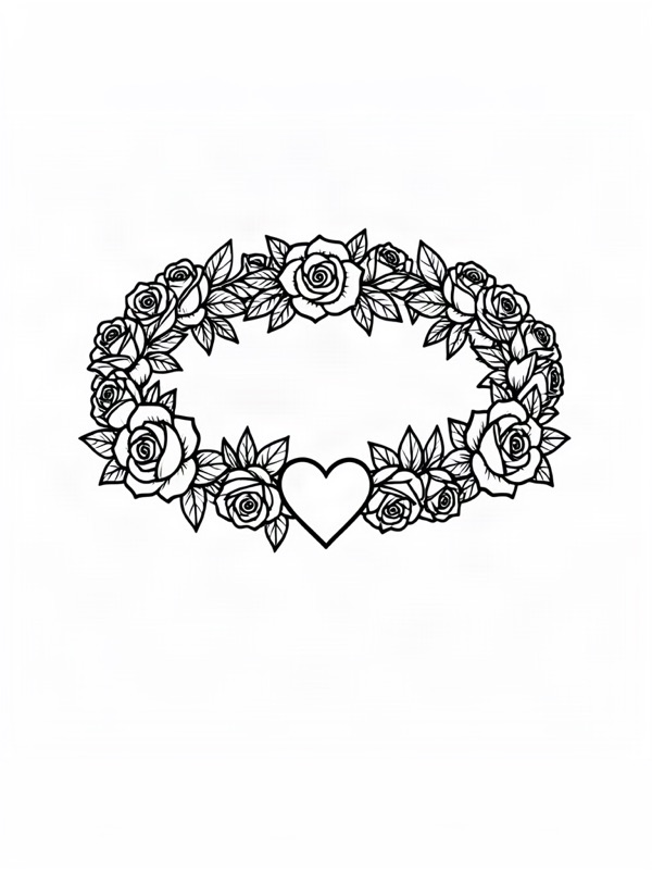 Fine line tattoo design: a ring band of tiny roses and leaves with a small heart in front