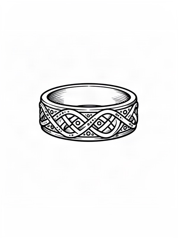 Fine line tattoo design: a ring band with a celtic infinity knot and dotwork details