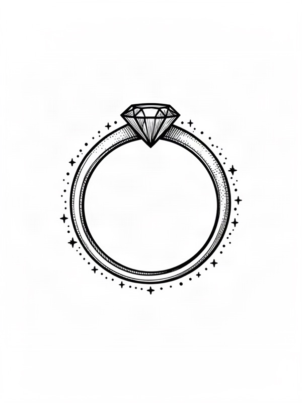 Fine line tattoo design: a ring band of fine dots and small stars with a single diamond