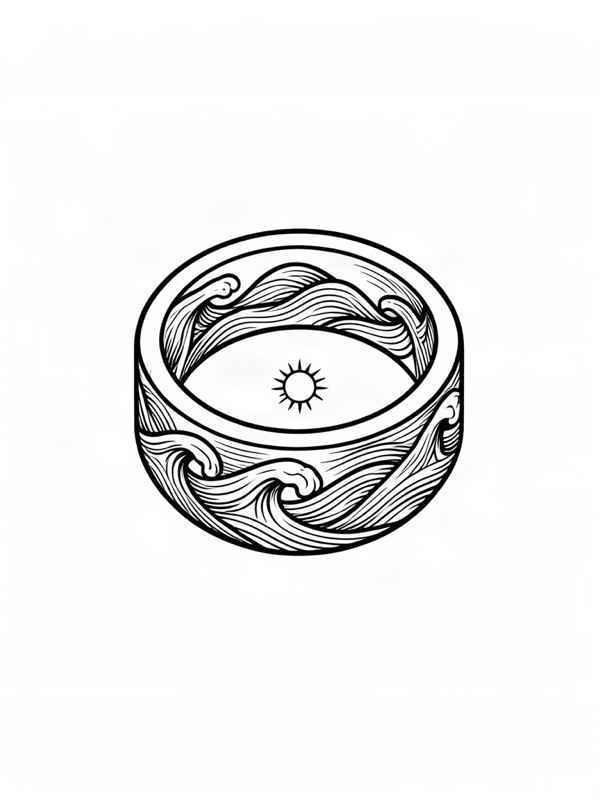 Fine line tattoo design: a ring band of ocean waves with a small sun